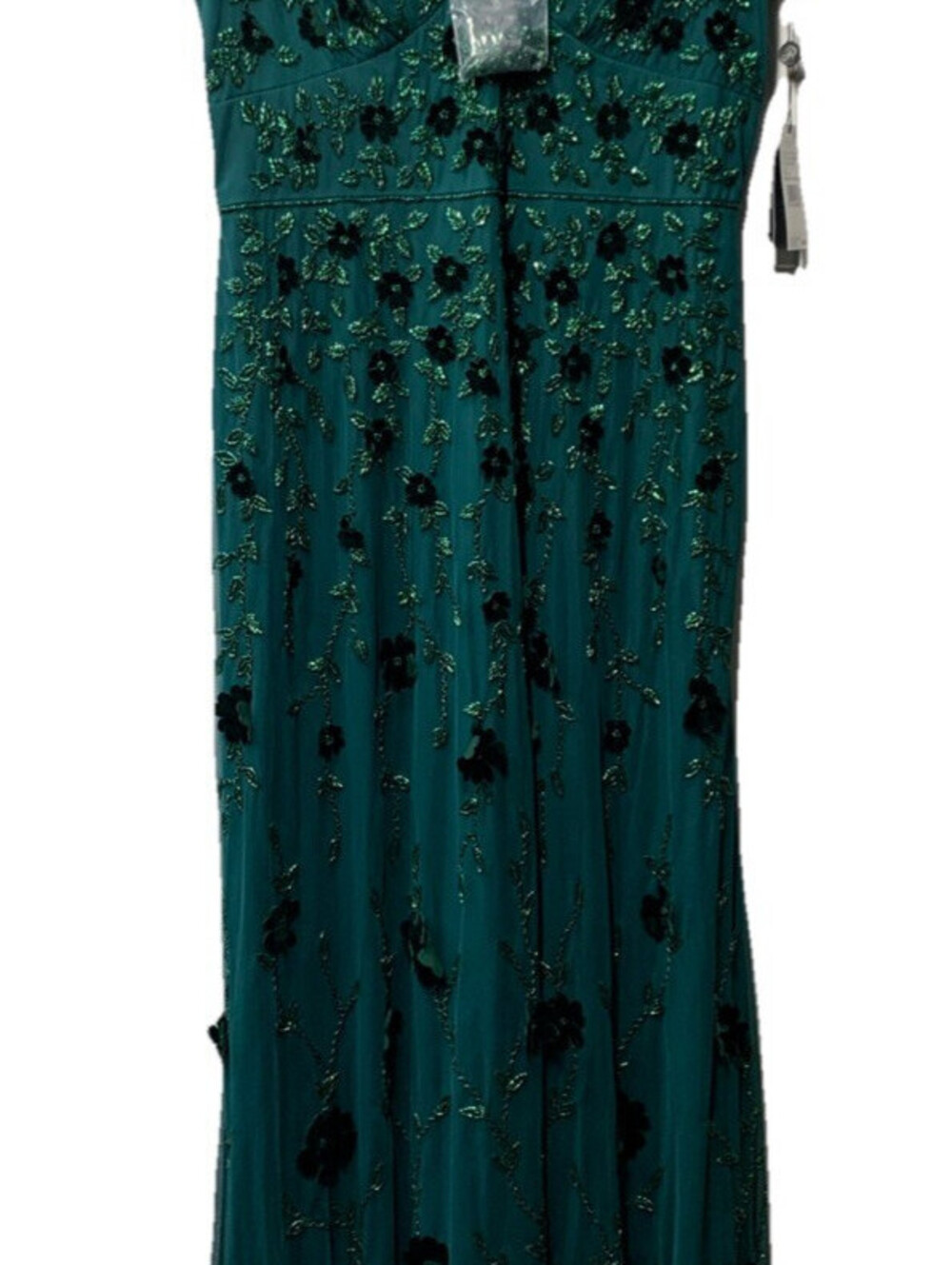 Adrianna Papell Women's Green Beaded Floral Gown Dress Sleeveless V-neck Size 12